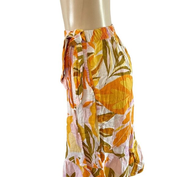 C&C California Floral Linen Midi Trumpet Skirt Wrap Tie Elastic Waist‎ Pockets - Picture 6 of 12